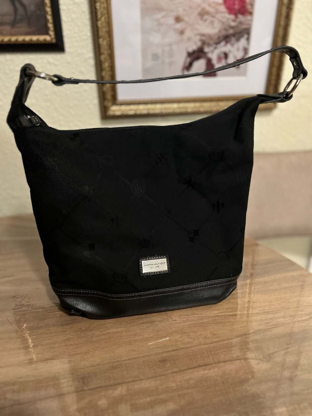 Y2K Tommy Hilfiger Est. 1985 Black Monogram Jacquard Hobo Bag with Leather Trim